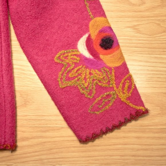 Susan Bristol Pink Boiled Wool Hand Embroidered Sweater Cardigan, Vintage Size L - Picture 5 of 9